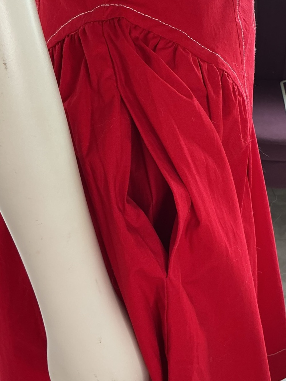NEW Anthropologie Red Structured Midi Dress Contrast Stitch Pockets Square Neck - Picture 5 of 10